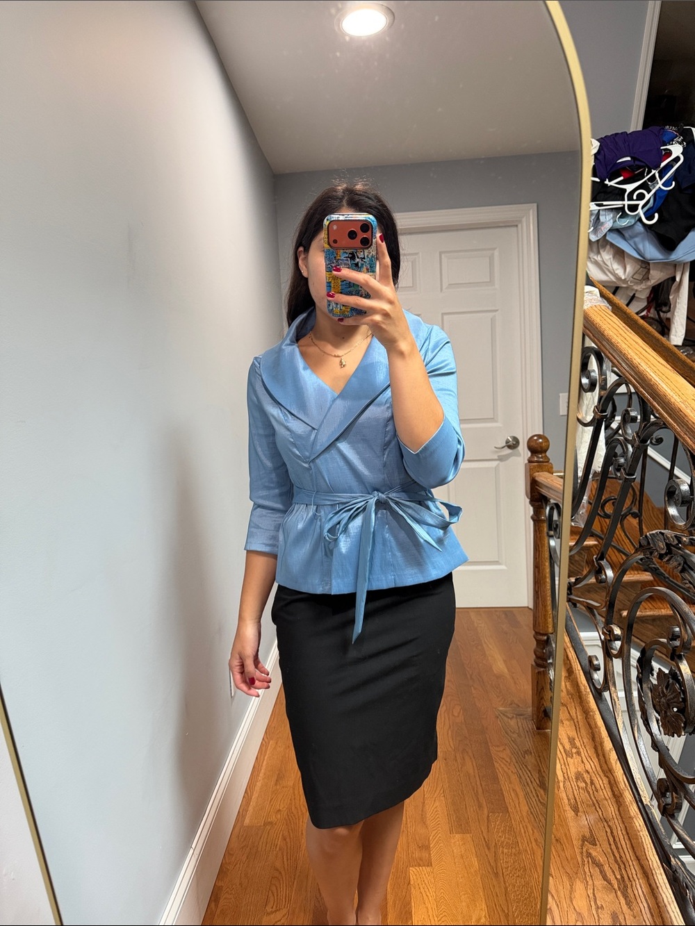 Alex Evenings Light Blue Wrap Blouse with Waist Tie
